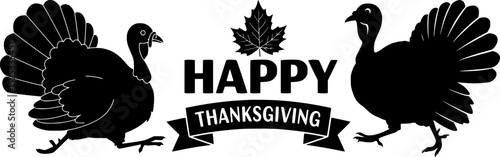 Happy thanksgiving banner with two running turkeys and maple leaf for festive autumn holiday greeting