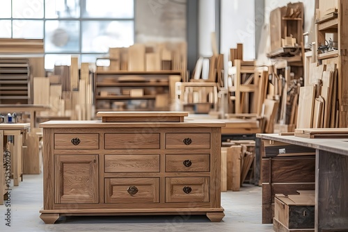 An elegant handmade wood dresser crafted with care, sits proudly in a bustling woodworking workshop, surrounded by stacks of lumber and works in progress.