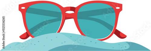 Red frame sunglasses with blue lenses resting on blue sand vector illustration for summer beach accessory design 