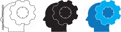 Human head profile and arrangement symbols, cognitive psychology or psychiatry concept, mental health, brain disease, positive thinking, growth mindset, self-esteem, personal development, vector line 