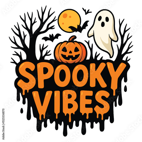 Spooky Vibes Halloween Graphic – Ghost, Pumpkin, Bats, Moon & Creepy Trees Design