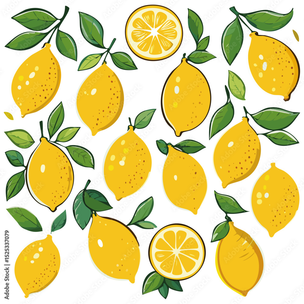 Obraz premium Lemons fruits on branches with leaves and slices vector illustration set. Clipart of summer italian transiterranean citrus fruits on isolated background. For packaging design and ingredients.