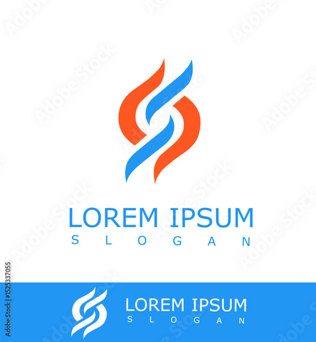 Dynamic logo with red and blue flame-like abstract shapes intertwining to form a modern symbol, perfect for tech, energy, or innovation-driven branding