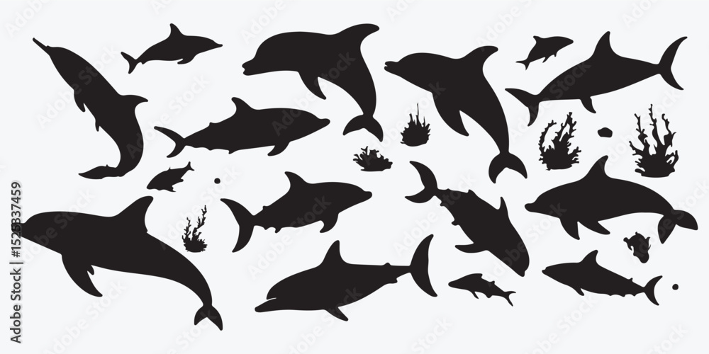 dolphin and fish silhouettes on a white background dolphin and fish silhouettes on a white background