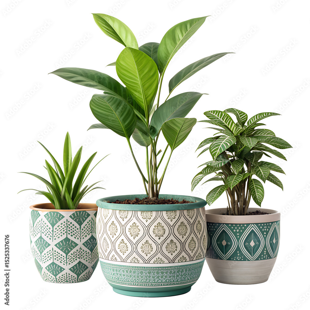 Fototapeta premium Indoor plant arrangement in decorative ceramic pots