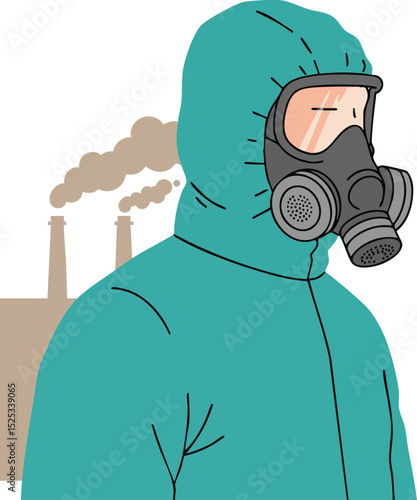 Person Wearing Protective Hazmat Suit and Gas Mask Against Factory Air Pollution Vector Illustration 