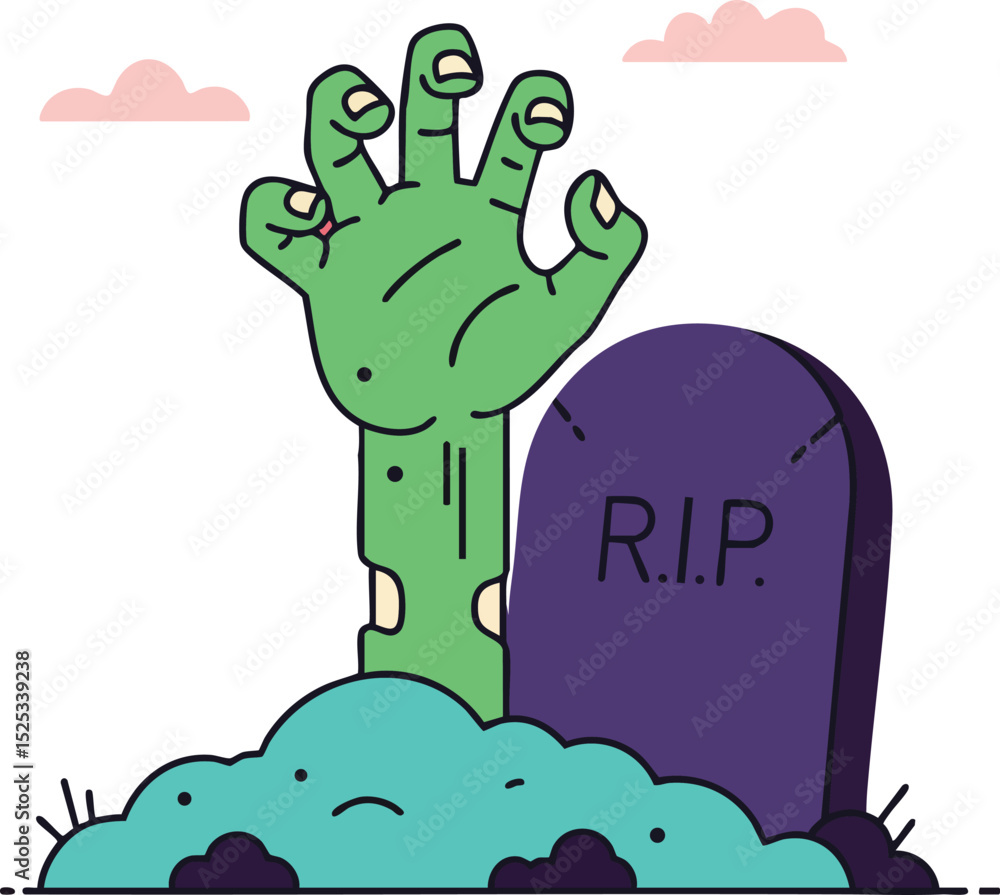 Naklejka premium Zombie hand rising from grave illustration with tombstone and green decayed fingers in cartoon style 