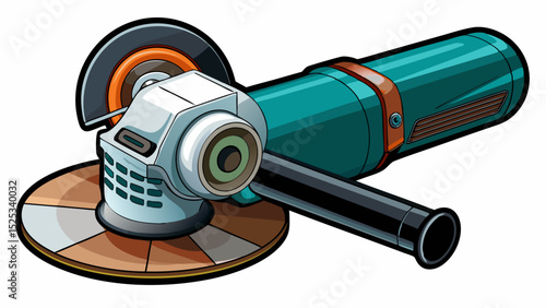 High-powered angle grinder with safety guard and black handle. Positioned slightly turned to show disc. Crisp rendering on a white field—perfect for heavy-duty auto body repair vectors.

