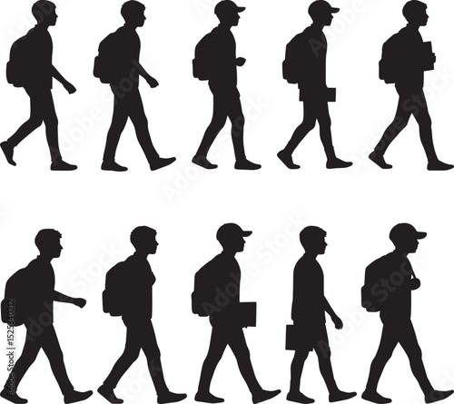 Ten black silhouettes of young men walking in various postures with backpacks or holding items vector