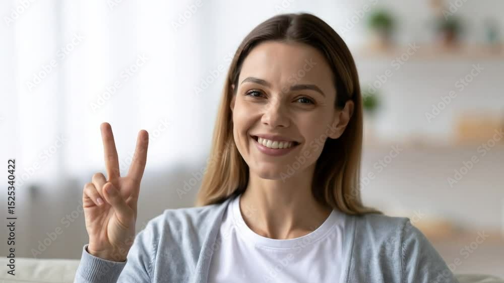 Optimistic woman gesturing peace sign indoors against blurred background, friendly vibes Optimistic woman gesturing peace sign indoors against blurred background, friendly vibes