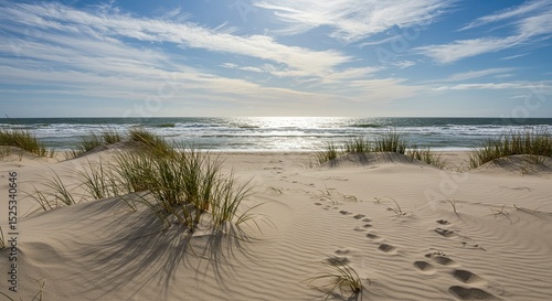 Wallpaper Mural Tranquil coastal scene with sand dunes, footprints, and the serene ocean under a bright sky Torontodigital.ca