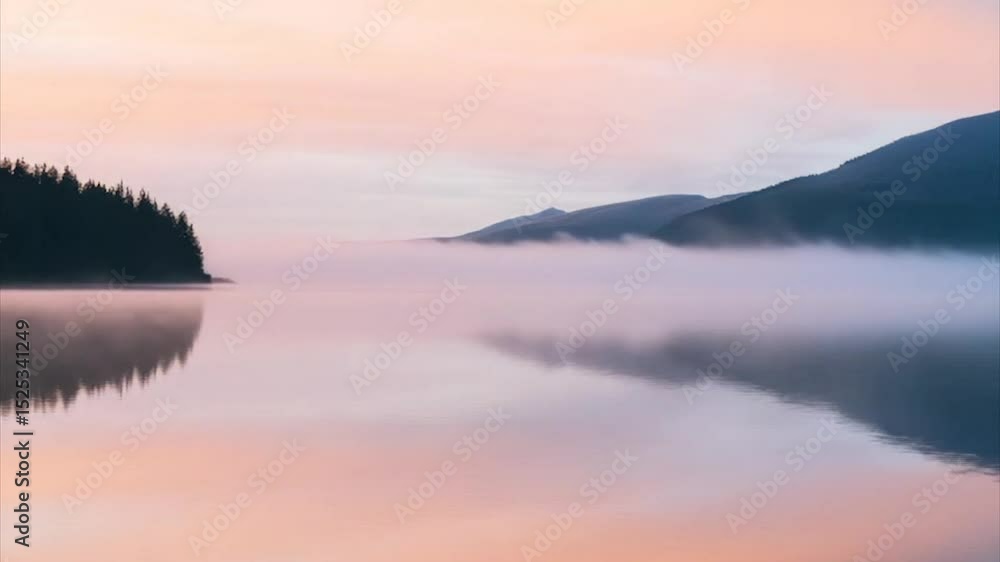 Serene dawn over misty lake, reflecting pastel sky and mountains Serene dawn over misty lake, reflecting pastel sky and mountains