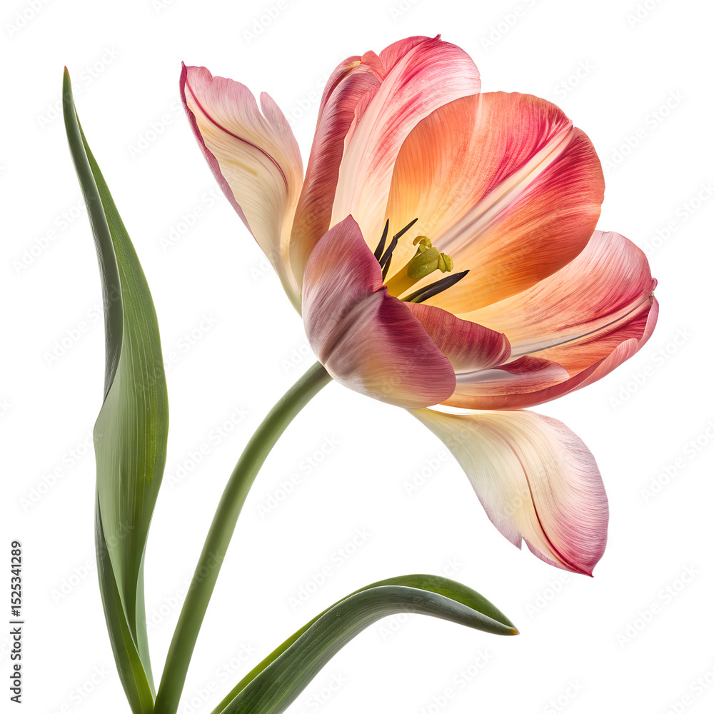 Fototapeta premium Beautiful Pink Tulip Flower With Green Stem, pink tulip isolated on white background