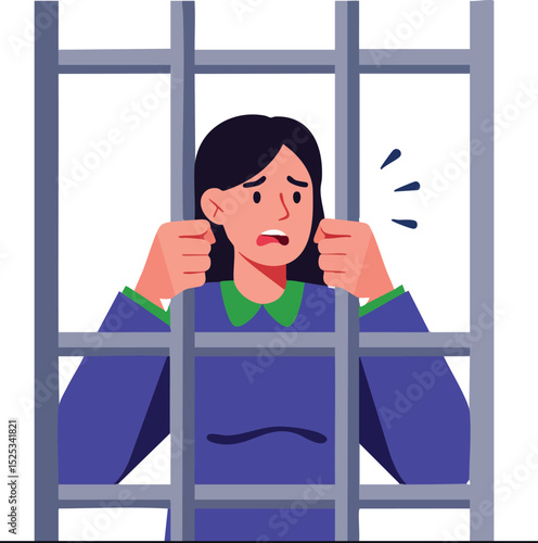 Woman behind prison bars feeling distressed and anxious in dark blue clothing vector illustration 