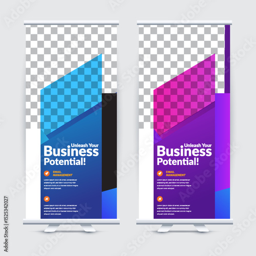 Business Potential Roll Up Banner Stand Template Set with Blue and Purple Gradient Corporate Design, Modern Vertical Layout and Editable Photo Area for Marketing, Exhibition and Business Promotion