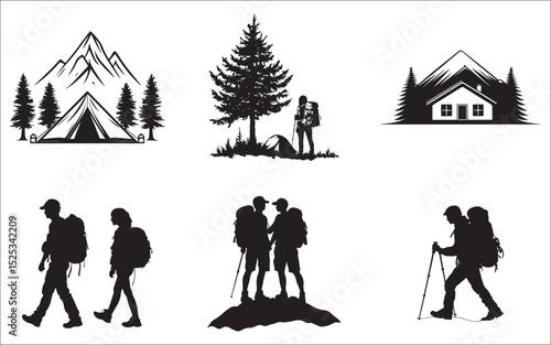 Silhouette Set of Hikers, Campsite, Cabin, and Mountain Adventure Scenes 