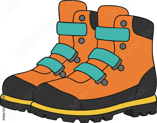 Hiking boots with orange and teal straps durable outdoor footwear design vector illustration 