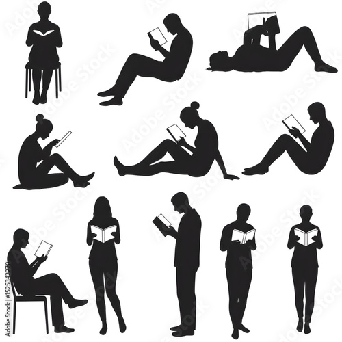 Ten silhouettes of diverse people reading books in various seated reclining and standing postures vector