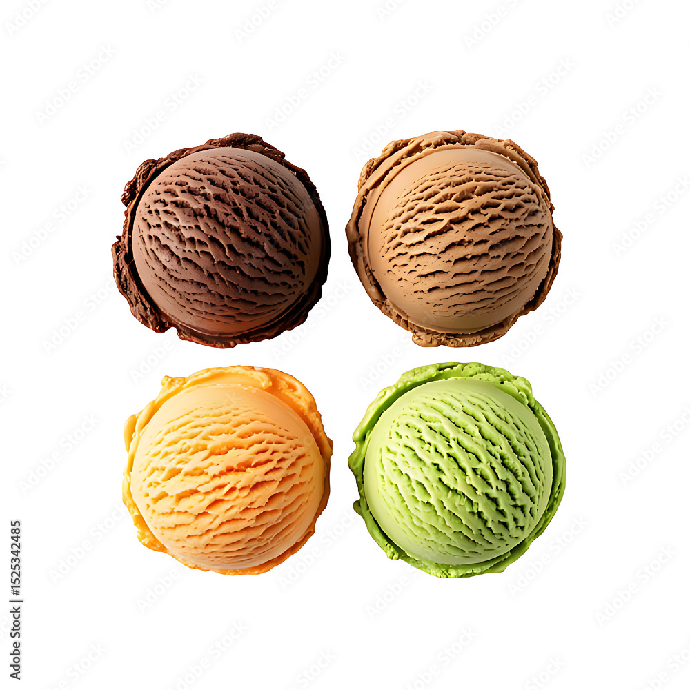 Fototapeta premium Four scoops of ice cream in different flavors with chocolate, coffee, orange and green tea 