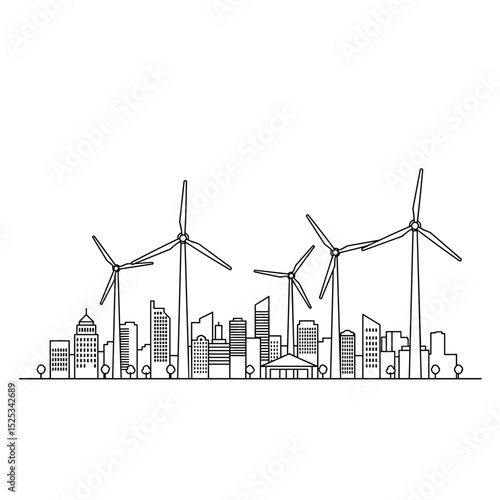 Urban skyline with wind turbines in minimalist black and white design  
