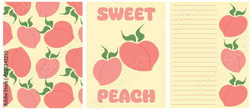 A summer set of posters, gliders with peaches. Cute flat style. Design with a pattern, poster and diary pages