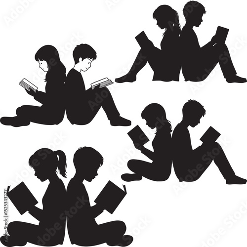Four black silhouettes depicting individuals reading, including a girl in an armchair children on grass and children sitting on stacks of books vector