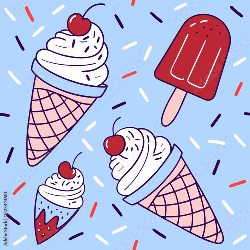 Seamless Pattern of Whipped Cream Ice Cream Cones and Red Popsicles With Sprinkles on Blue Background