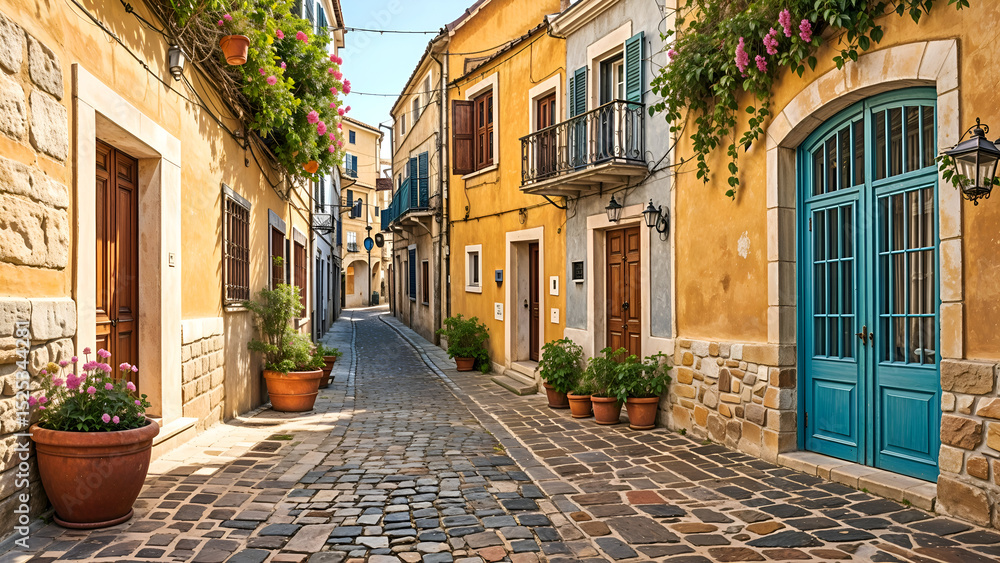 Fototapeta premium Mediterranean Town Street with Pastel Buildings and Cobblestones ,Realistic Travel Illustration with Flowers and Sunlight