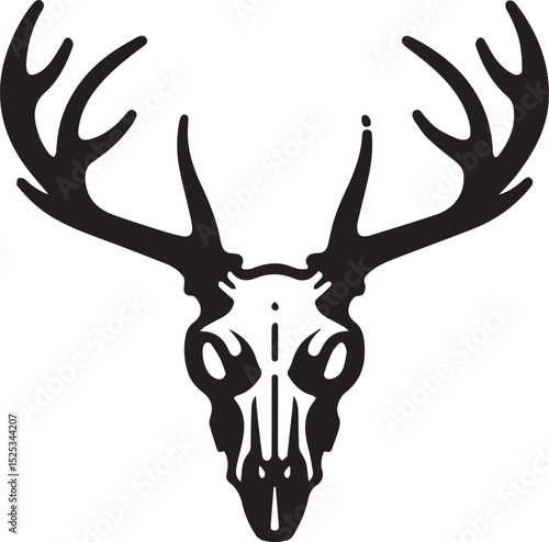 A bold black vector of a deer skull with large antlers, featuring minimalist shading and sharp lines.