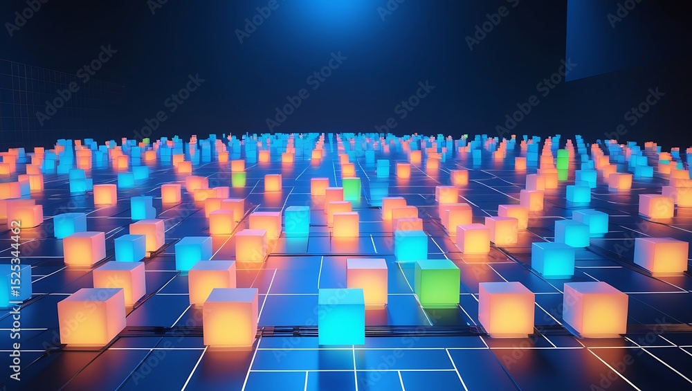 Obraz premium Illuminated Cubes on Grid, Abstract Digital Cityscape