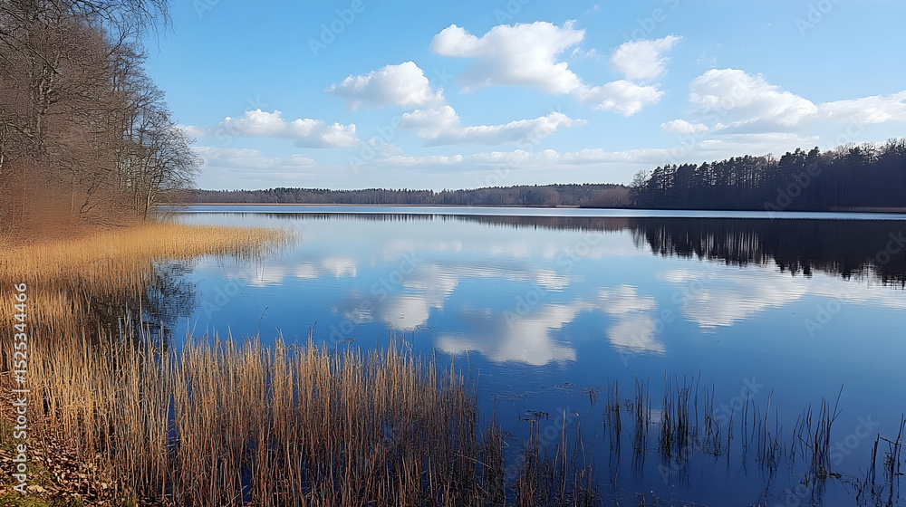 Fototapeta premium Scenic tranquil lake mirroring a brilliant sky and wispy cloud formations