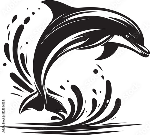 A black vector of a leaping dolphin, captured mid-jump, with sleek lines that emphasize fluid movement.