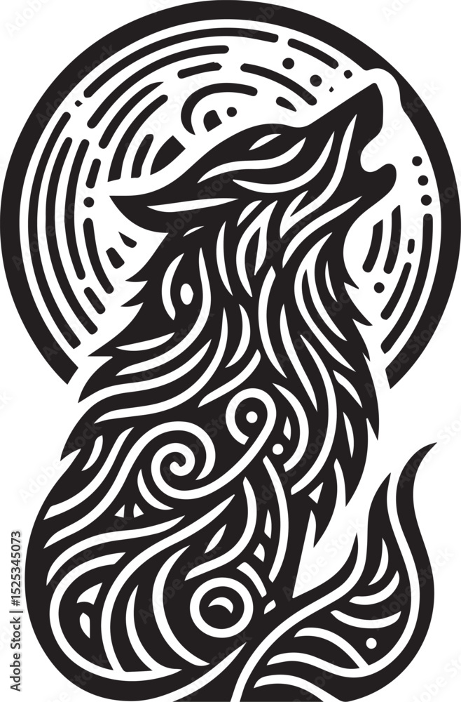 Fototapeta premium A black tribal-inspired vector drawing of a wolf howling at the moon, with intricate line patterns and curves.