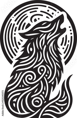 Wallpaper Mural A black tribal-inspired vector drawing of a wolf howling at the moon, with intricate line patterns and curves. Torontodigital.ca