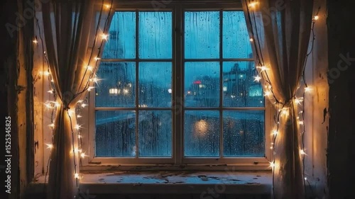 rainy window view with fairy lights, cozy rainy night through window, warm fairy lights on rainy glass, rainy window fairy light glow, cozy nostalgic indoor night, dreamy rainy curtain view scene