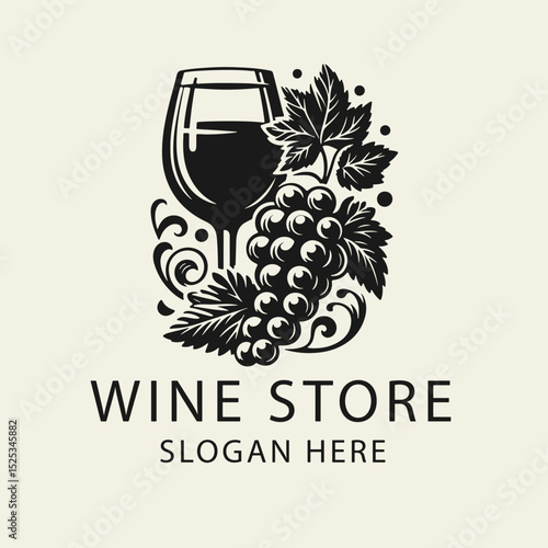 Elegant black and white flat vector logo illustration for a wine shop, featuring a stylized grape cluster with leaves and a wine glass