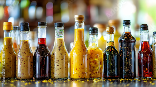 Culinary art display of homemade bottled dressings and sauces for gourmet food