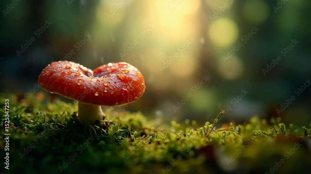 Mushroom growing on mossy forest ground forming page heart shape under dreamy light Mushroom growing on mossy forest ground forming page heart shape under dreamy light
