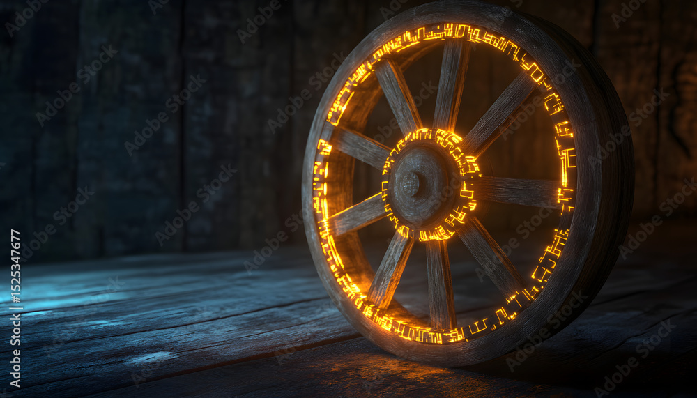 Obraz premium 3D render of an old, wooden cartwheel evolving into a high-tech, illuminated digital wheel, showcasing the concept Reinvent the Wheel as progress from old to new.