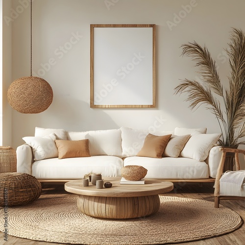 Calm and cozy living room interior design with neutral colors and natural materials.