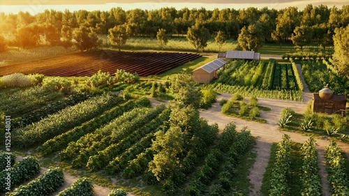 Lush sunset view of a diverse, meticulously organized farm with various crops, a small shed, and a quaint building
