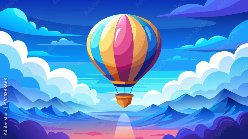 Obraz premium Inspirational travel background with a colorful hot air balloon flying high above the clouds in a bright blue sky. Peaceful, uplifting, and dreamy atmosphere, vector illustration
