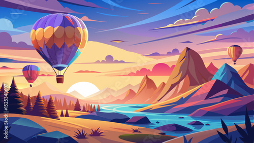 Inspirational travel scene with hot air balloons floating over a stunning landscape at sunrise, featuring a colorful sky and warm morning light. Peaceful and dreamy atmosphere, vector illustration