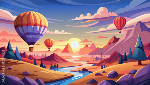 Inspirational travel scene with hot air balloons floating over a stunning landscape at sunrise, featuring a colorful sky and warm morning light. Peaceful and dreamy atmosphere, vector illustration
