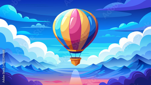 Inspirational travel background with a colorful hot air balloon flying high above the clouds in a bright blue sky. Peaceful, uplifting, and dreamy atmosphere, vector illustration