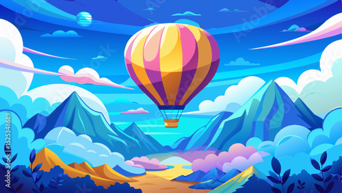 Inspirational travel background with a colorful hot air balloon flying high above the clouds in a bright blue sky. Peaceful, uplifting, and dreamy atmosphere, vector illustration