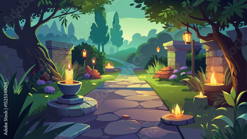 Peaceful garden stone walkway lined with glowing candles in the evening light. Serene outdoor setting with soft illumination and natural surroundings, vector illustration