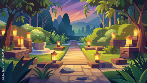Peaceful garden stone walkway lined with glowing candles in the evening light. Serene outdoor setting with soft illumination and natural surroundings, vector illustration