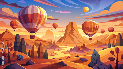 Inspirational travel scene with multiple hot air balloons flying over the landscape of Turkey at sunrise. Golden sky, soft clouds, and magical atmosphere, vector illustration