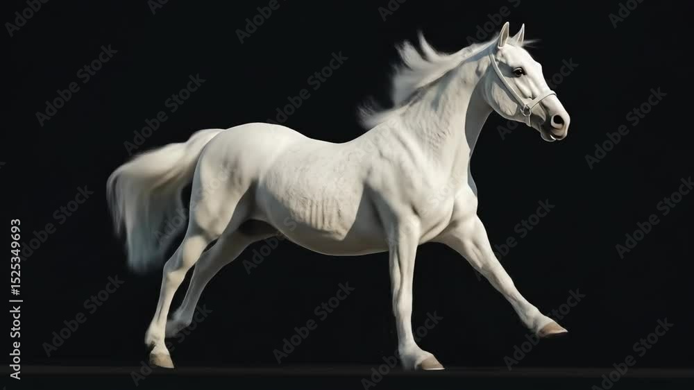 Elegant white horse in motion against a dark contrasting background Elegant white horse in motion against a dark contrasting background